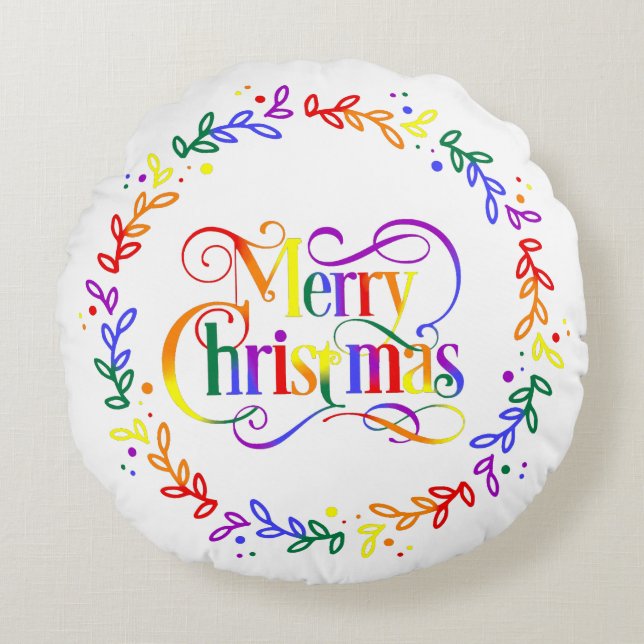 Rainbow Merry Christmas Wreath Round Throw Pillow (Front)