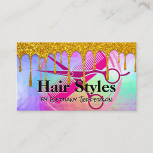 Rainbow Metallic Glitter Drip Hair Stylist Business Card