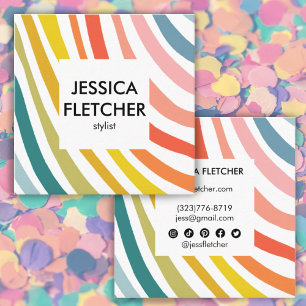 Rainbow Minimalist Stripes Colourful Social Icons Square Business Card