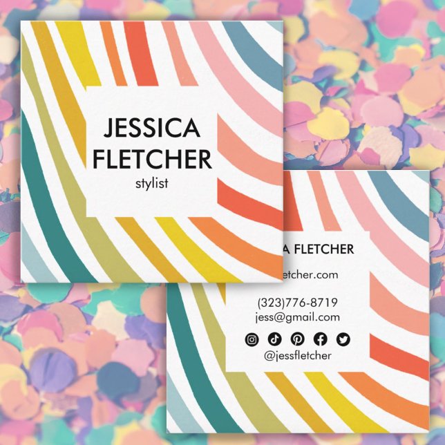 Rainbow Minimalist Stripes Colourful Social Icons Square Business Card (Creator Uploaded)