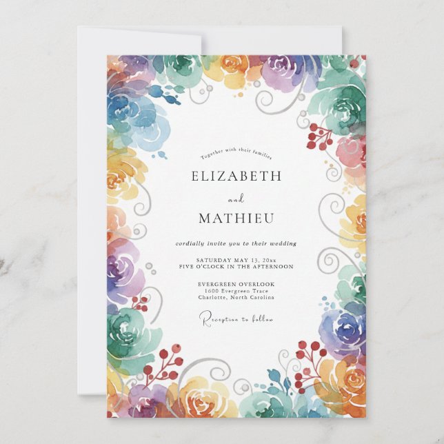 Rainbow Mixed Bloom Wedding Invitation (Front)