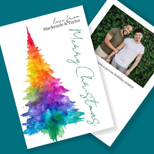 Rainbow Modern Christmas Tree Photo Personalized Holiday Card