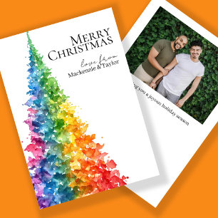 Rainbow Modern Christmas Tree Photo Personalized Holiday Card