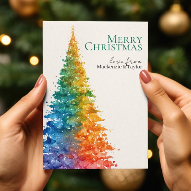 Rainbow Modern Christmas Tree Photo Personalized Holiday Card (Rainbow Modern Christmas Tree Photo Personalized Holiday Card by Ricaso - colorful seasons greetings)