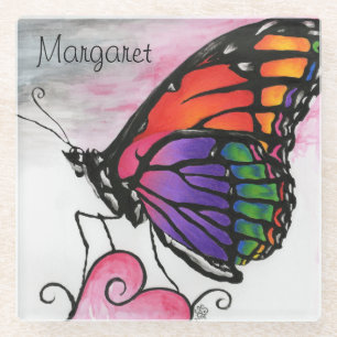 Rainbow Monarch Butterfly Original Fantasy Art Glass Coaster