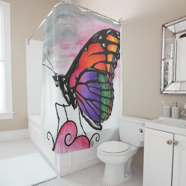 Rainbow Monarch Butterfly Original Fantasy Art Shower Curtain (In Situ)