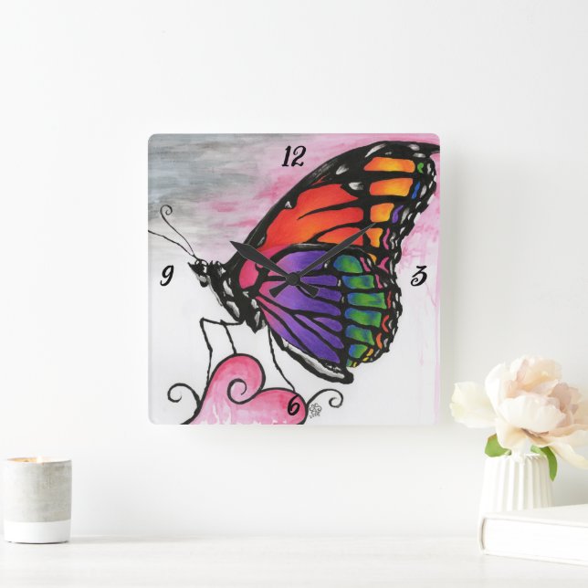 Rainbow Monarch Butterfly Original Fantasy Art Square Wall Clock (Home)