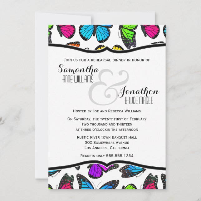 Rainbow Monarch Butterfly Reheasal Dinner Invite (Front)