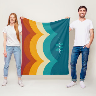 Rainbow Monogram Custom Name Retro Sunset Stripe Fleece Blanket