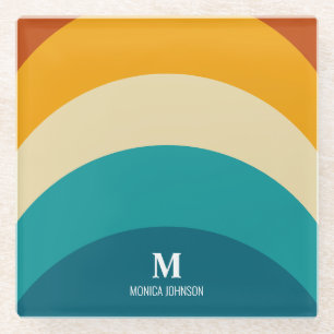Rainbow Monogram Custom Name Retro Sunset Stripe Glass Coaster
