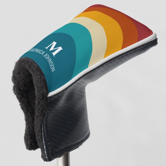 Rainbow Monogram Custom Name Retro Sunset Stripe Golf Head Cover (3/4 Front)