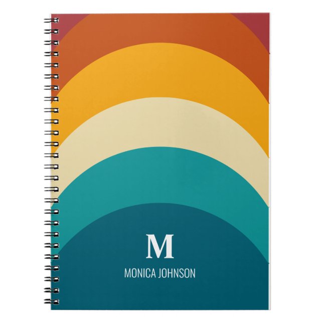 Rainbow Monogram Custom Name Retro Sunset Stripe Notebook (Front)