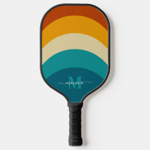 Rainbow Monogram Custom Name Retro Sunset Stripe  Pickleball Paddle