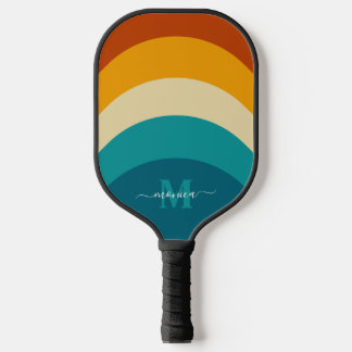 Rainbow Monogram Custom Name Retro Sunset Stripe Pickleball Paddle