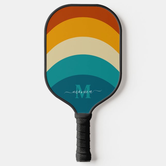 Rainbow Monogram Custom Name Retro Sunset Stripe  Pickleball Paddle (Front)