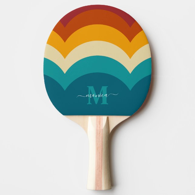 Rainbow Monogram Custom Name Retro Sunset Stripe  Ping Pong Paddle (Front)