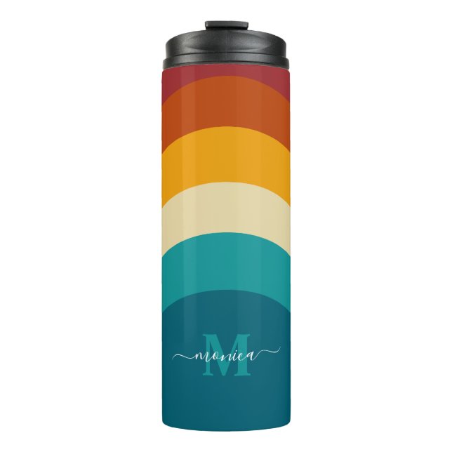 Rainbow Monogram Custom Name Retro Sunset Stripe  Thermal Tumbler (Front)