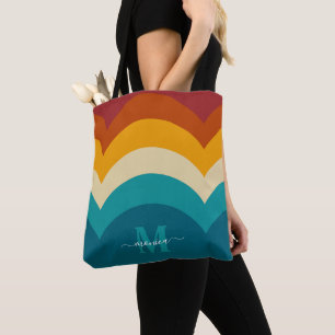 Rainbow Monogram Custom Name Retro Sunset Stripe  Tote Bag