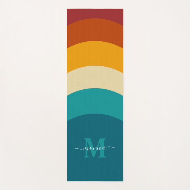Rainbow Monogram Custom Name Retro Sunset Stripe  Yoga Mat (Front)