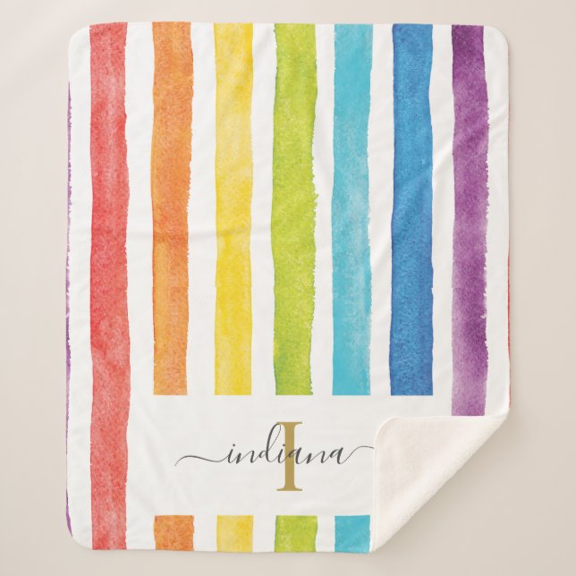 Rainbow Monogram Name Watercolor Stripes Sherpa Blanket (Front)