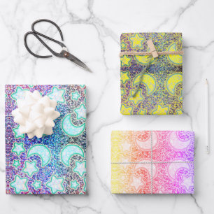 Rainbow Moon with Galaxy Glowing Stars Wrapping Paper Sheet