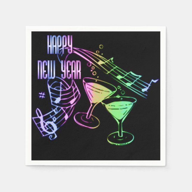 Rainbow Music and Cocktails Happy New Year Napkins (Front)