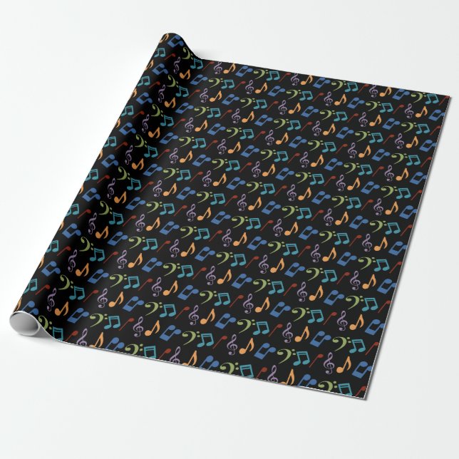 Rainbow Music Notes (Black Background) Wrapping Paper (Unrolled)