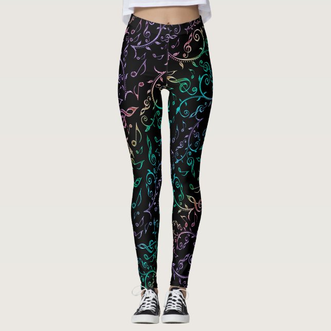 Rainbow Music Notes Floral Pattern Black Leggings (Front)