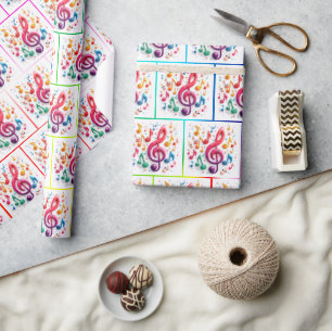 Rainbow Musical Notes With Animated Faces Wrapping Paper