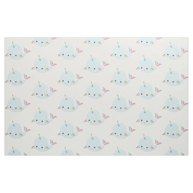 Rainbow Narwhal Kawaii Pattern in Pastel Blue Fabric (Fat Quarter)