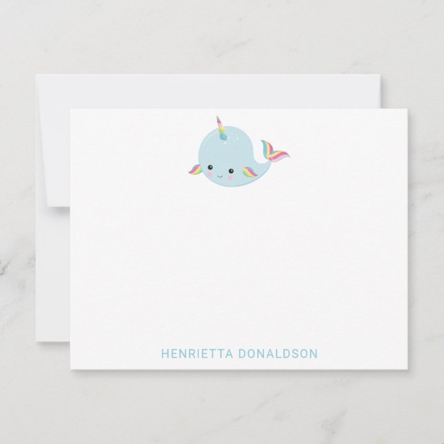 Rainbow Narwhal Kawaii Pattern Pastel Blue Name Card (Front)