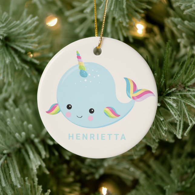 Rainbow Narwhal Kawaii Pattern Pastel Blue Name Ceramic Tree Decoration (Tree)