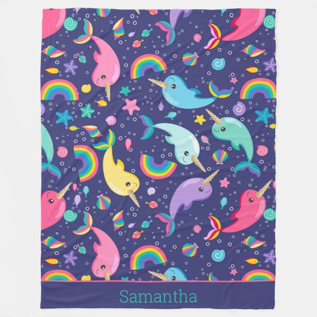 Rainbow Narwhal Under The Sea Girls Personalised Fleece Blanket (Front)