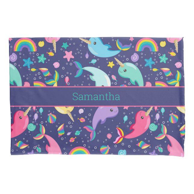 Rainbow Narwhal Under The Sea Girls Personalised Pillowcase (Front)