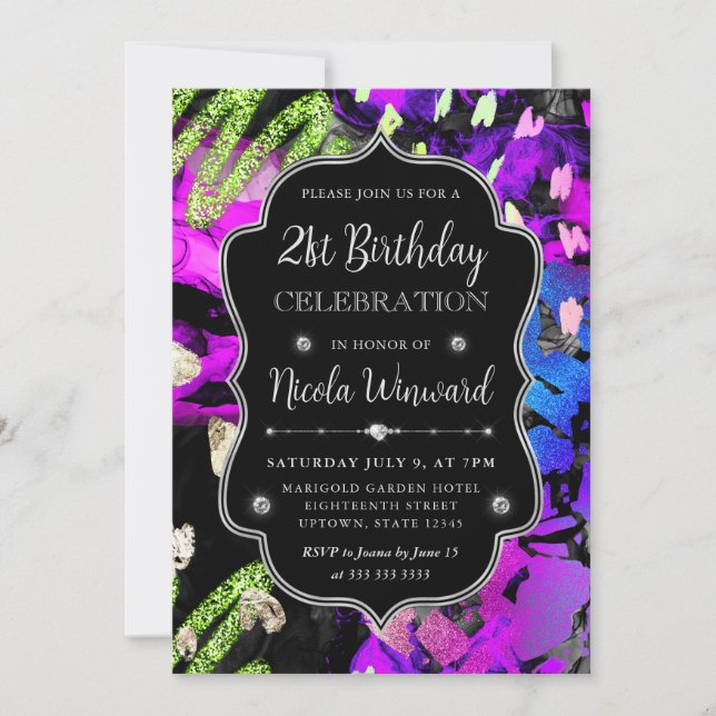 Rainbow Neon Abstract Glitter 21st Birthday Invitation (Front)