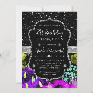 Rainbow Neon Abstract Glitter 21st Birthday Invitation