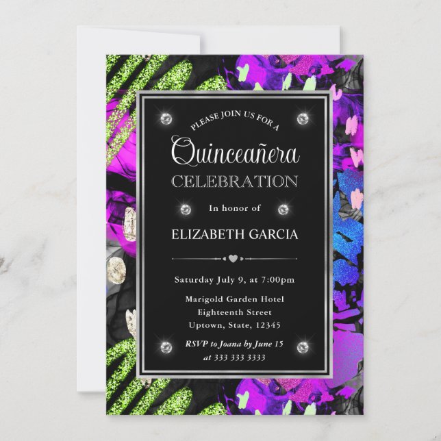 Rainbow Neon Abstract Glitter Frame Quinceanera Invitation (Front)