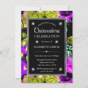 Rainbow Neon Abstract Glitter Frame Quinceanera Invitation