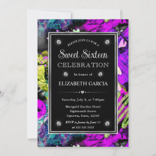 Rainbow Neon Abstract Glitter Frame Sweet 16 Invitation