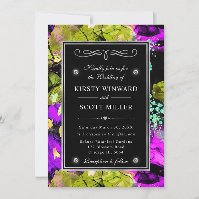 Rainbow Neon Abstract Glitter Frame Wedding Invitation (Front)
