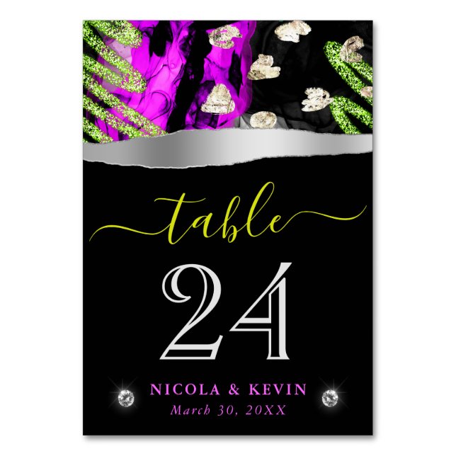 Rainbow Neon Abstract Glitter Wedding Table Number (Front)
