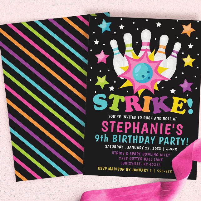 Rainbow Neon Bowling Birthday Party Invitation (Creator Uploaded)