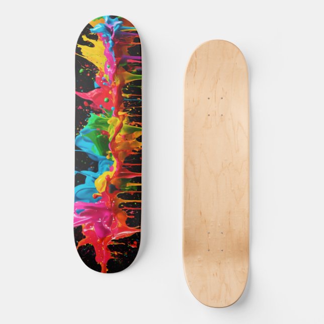 Rainbow Neon Paint Splash Skateboard Design (Front)