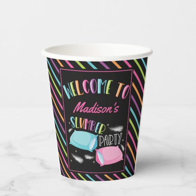 Rainbow Neon Slumber Party Sleepover Personalised Paper Cups (Front)