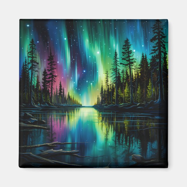 Rainbow Northern Lights Reflection on Water Magnet (Front)
