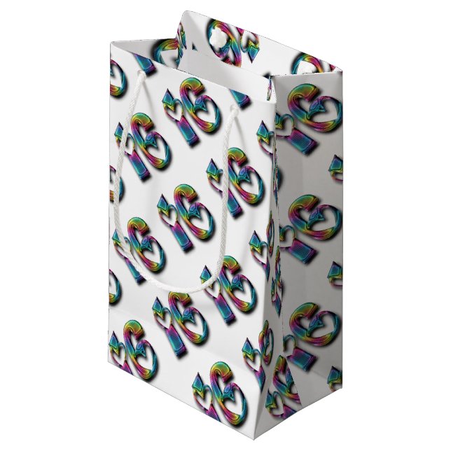 Rainbow Number Sixteen Sweet 16 16th Anniversary Small Gift Bag (Front Angled)
