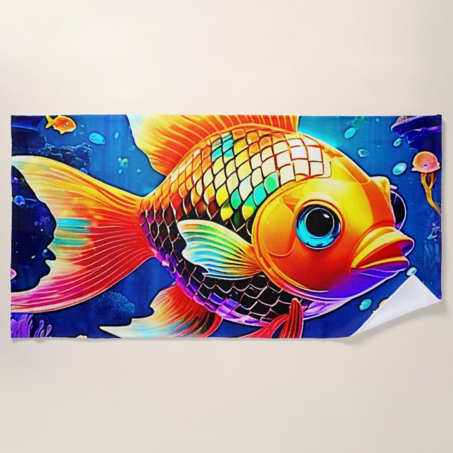 Rainbow Ocean Reef Fish Design Beach Towel (Front)