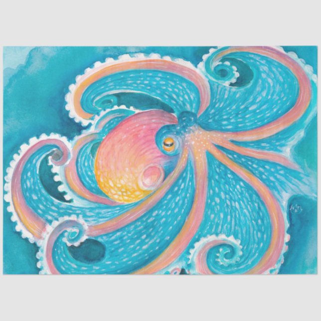 Rainbow Octopus tentacles Kraken Teal Watercolor Tissue Paper (Front)