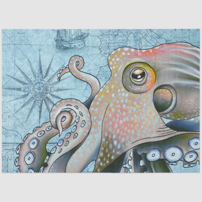 Rainbow Octopus Vintage Map Compass Nautical Tissue Paper (Front)