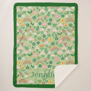 Rainbow of Irish Luck Shamrock Clover Pastel Green Sherpa Blanket